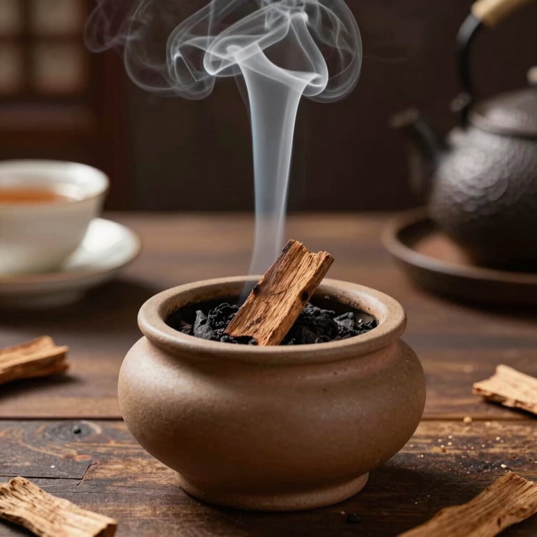 A traditional ceramic censer emitting a thin stream of white smoke from burning agarwood chip in a serene Indonesian tea room, soft ambient light, warm brown tones.