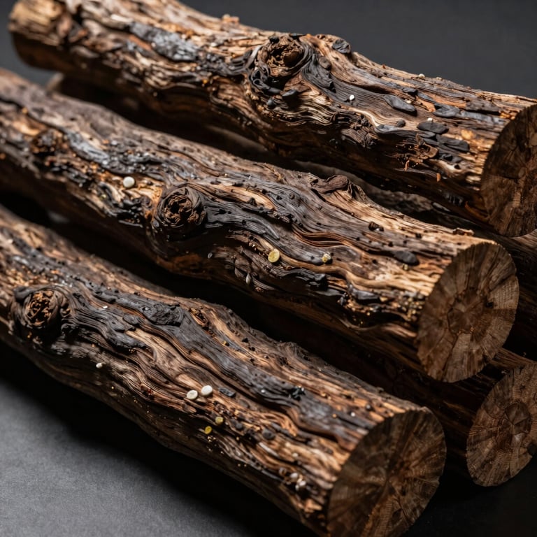 Detailed side view of dark, textured, centuries-old Merauke agarwood logs stacked elegantly, dramatic lighting highlighting the organic grains and resins.