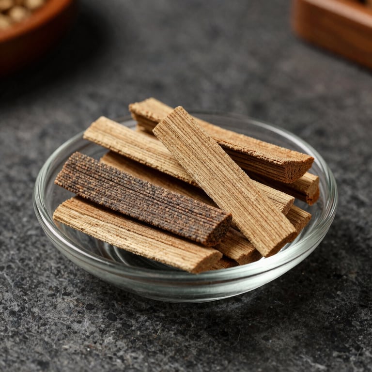 A glass dish filled with pure Merauke Oud Sanai incense chips, reflecting soft light on a polished dark stone surface, sophisticated luxury branding style.