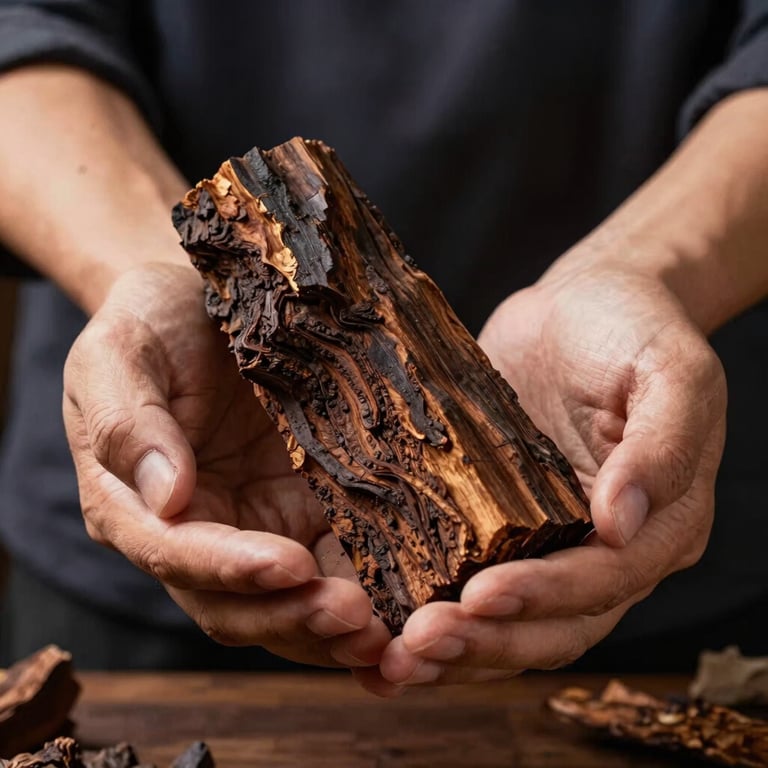 Hands of a craftsperson holding a piece of pure, dry Merauke agarwood, showing deep respect for natural ingredients, dark moody ambient lighting, Southeast Asian setting.