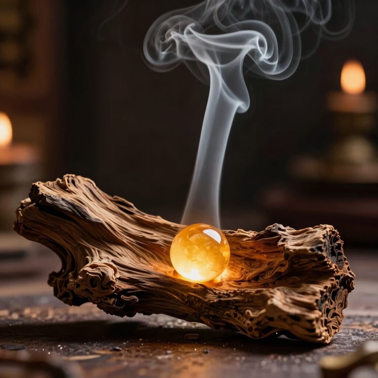 Close-up of gentle glowing amber under a piece of premium Oud wood, elegant thin smoke rising in a dimly lit, sacred space, spiritual atmosphere.