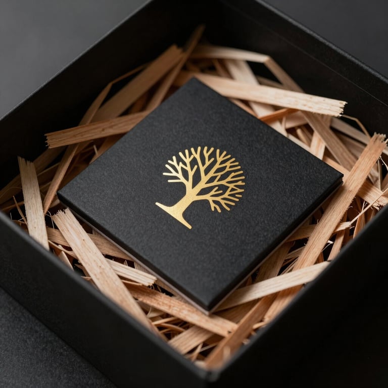 An elegant minimalist black box containing raw wood chips, a golden logo of a minimalist tree on the packaging, styled in a luxurious dark-premium aesthetic.