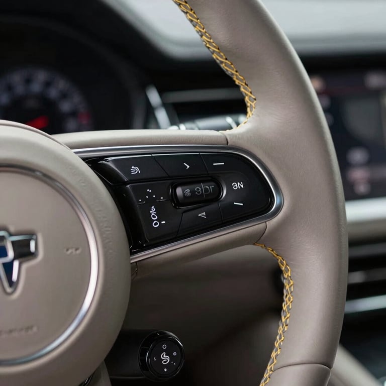 Close up of a premium car steering wheel with gold leather stitching, emphasizing craftsmanship and luxury.