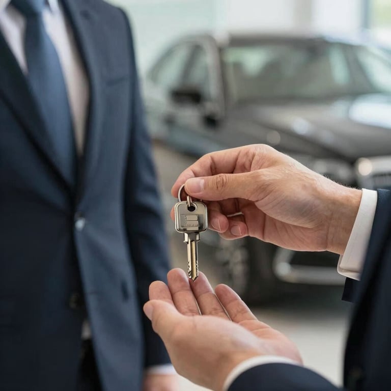 Close-up of a sales professional handing over keys to a customer, shot with a shallow depth of field in a luxury setting.
