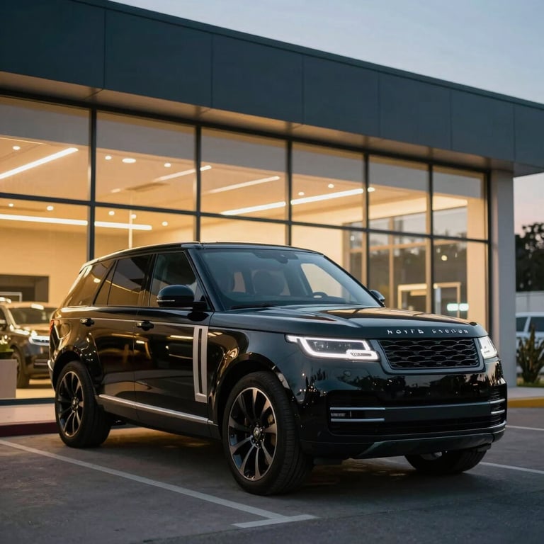 A sleek black luxury SUV parked in front of a modern North American glass dealership building at dusk, illuminated by golden lights.