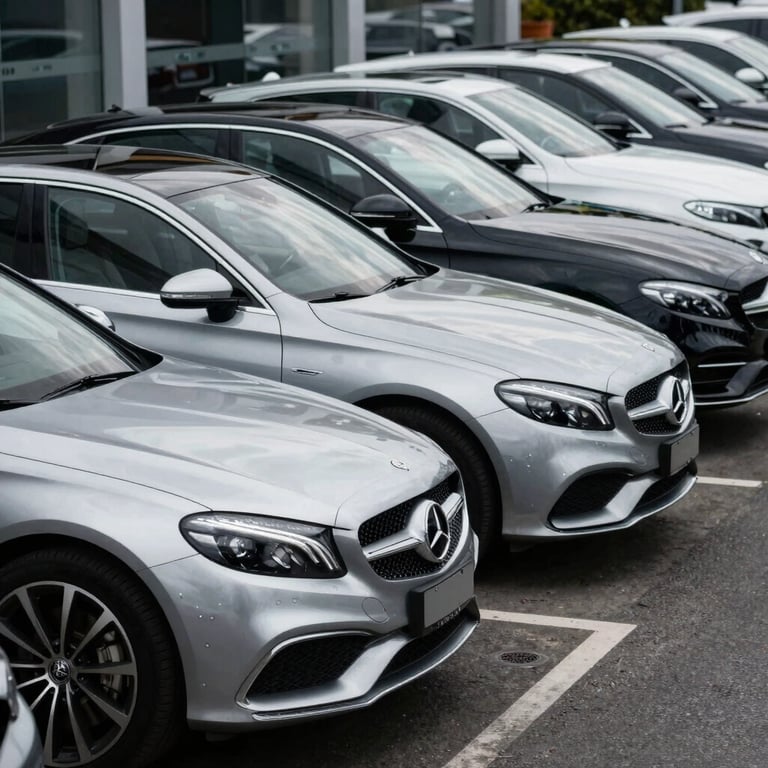 A fleet of silver and black luxury vehicles parked in a neat row outside a dealership, symbolizing volume and success.