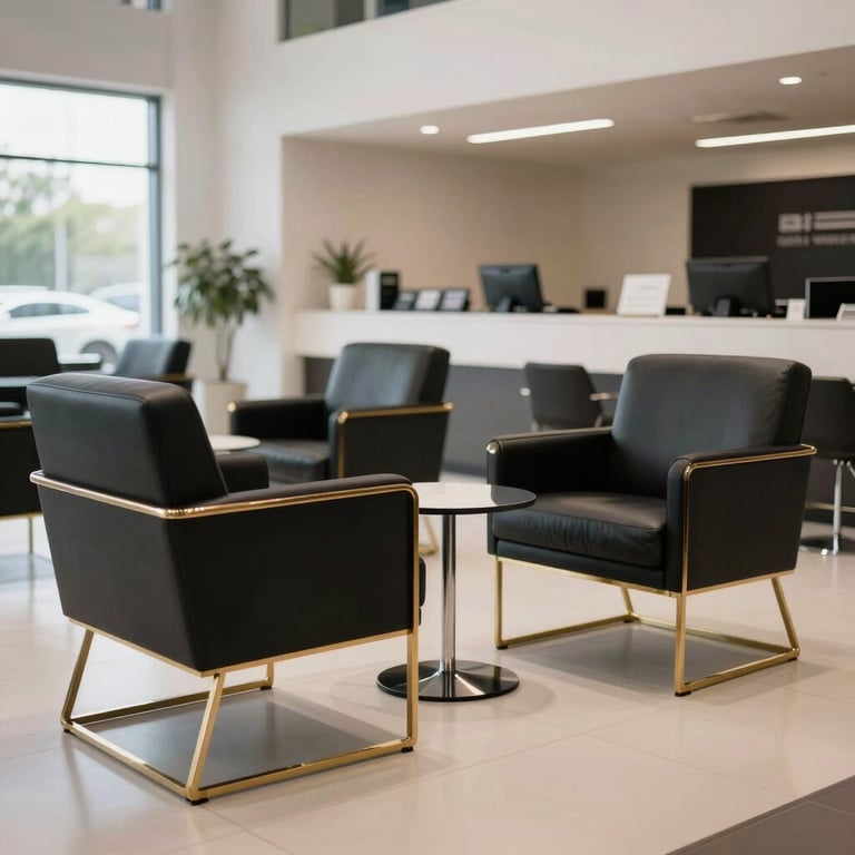 A high-end dealership lounge area with black leather chairs and gold accents in a bright US showroom.
