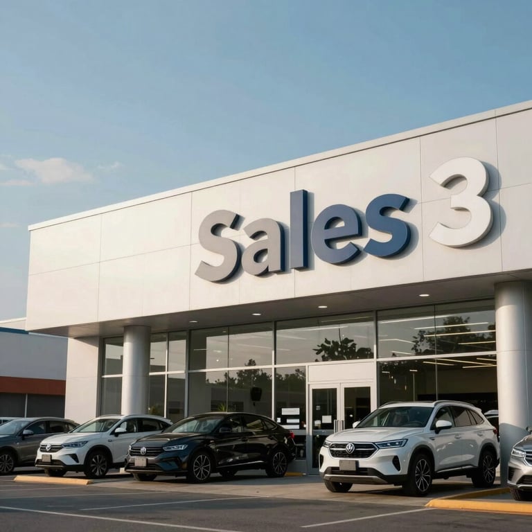 Exterior shot of a multi-brand car dealership with modern architecture and large 'Sales' signage under a clear North American sky.