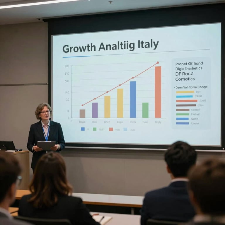 A cinematic shot of a professional presentation showing growth analytics for a digital marketing campaign in Italy.