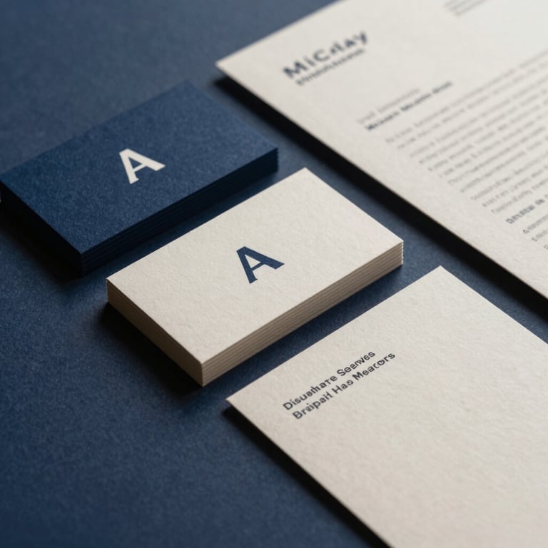 A minimalist brand identity package including business cards and letterheads with a modern navy and beige color palette.