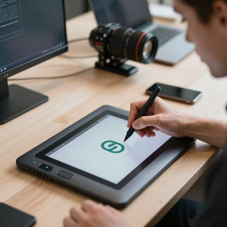 A modern, tech-focused workspace in Milan where a professional is designing a logo on a professional graphics tablet.