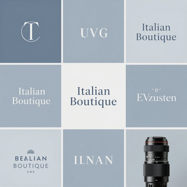 A sophisticated social media advertisement layout for a high-end Italian boutique, featuring elegant typography and soft blue-grey tones.