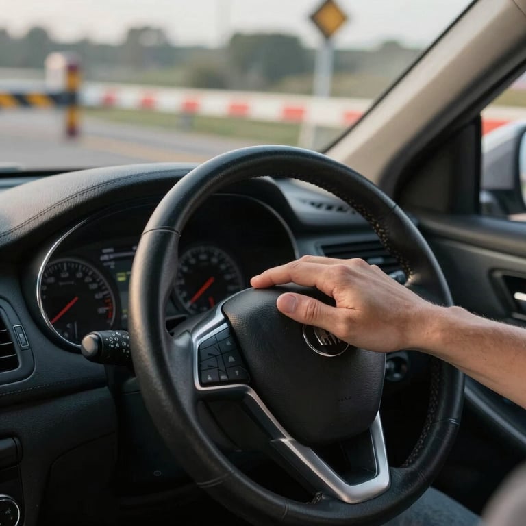Driver's right hand resting on steering wheel, fingers relaxed, a printed route confirmation slip visible on the dashboard in early morning light, border crossing gate blurred in the windshield background