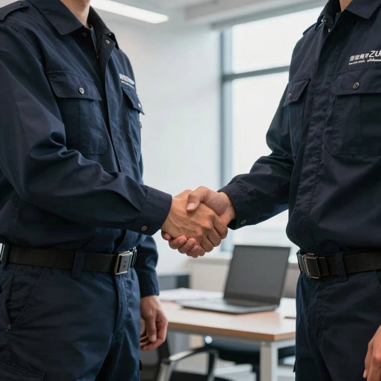 Two logistics team members in dark navy uniforms shaking hands in a bright, modern office, representing trust and partnership.