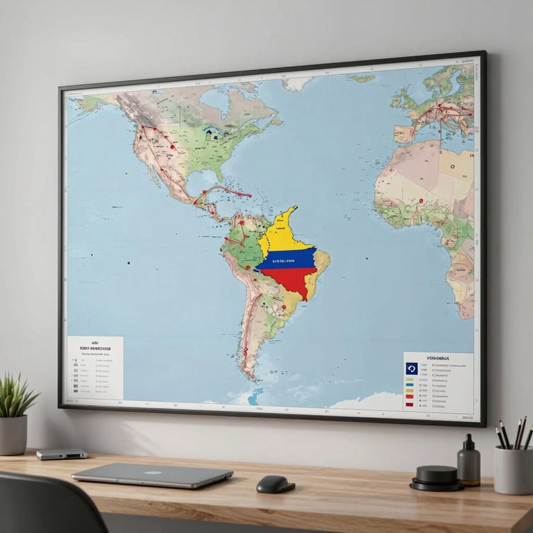 A clean, minimalist workspace showing a logistics map of the Americas with shipping routes connecting the USA, Colombia, and Venezuela.