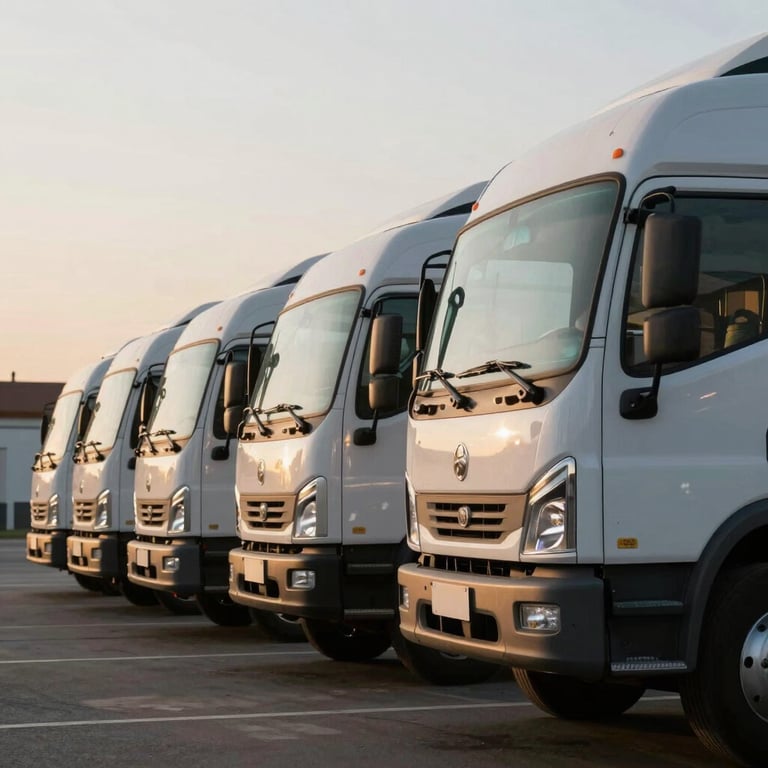 A fleet of delivery trucks lined up in the early morning light, showcasing unwavering reliability and readiness.