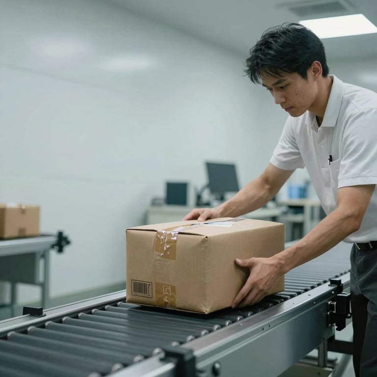 A package being carefully placed on a conveyor belt in a facility with cool off-white walls and bright, professional lighting.