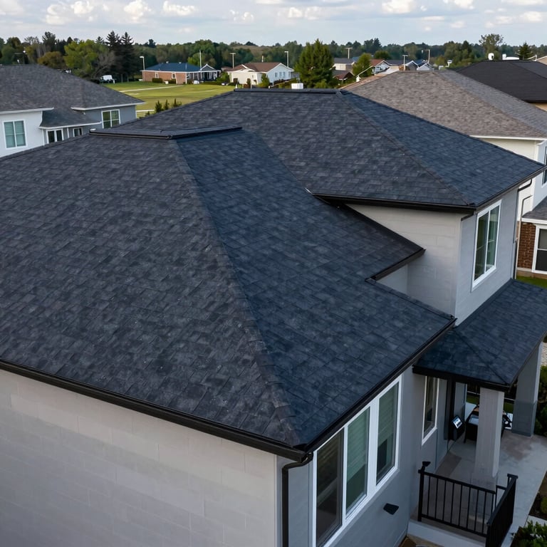 A wide shot of a completed, dark navy storm-shield roofing system on a modern North American townhouse.