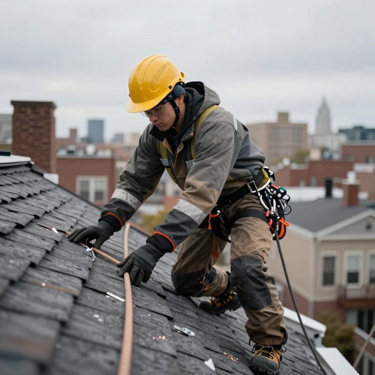 A roofer in professional storm gear inspecting a residential roof in Brooklyn, New York City, during overcast weather.