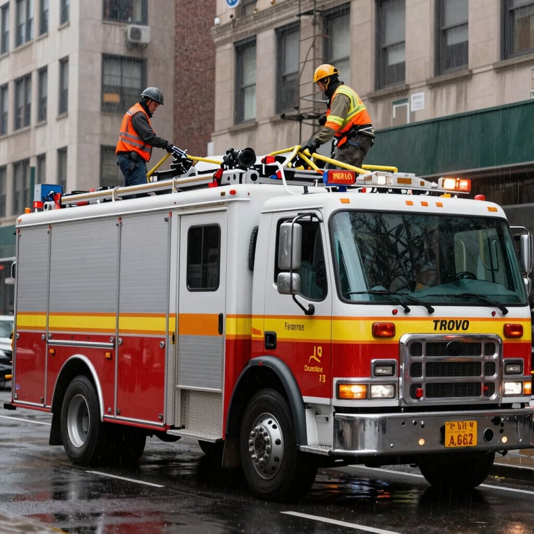 An emergency response roofing truck parked on a New York City street during a storm, with technicians ready to work.