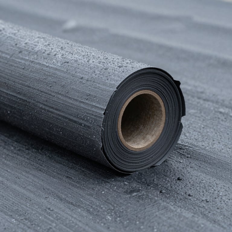Detailed macro shot of waterproof roofing underlayment layers, showing heavy-duty construction in storm gray.
