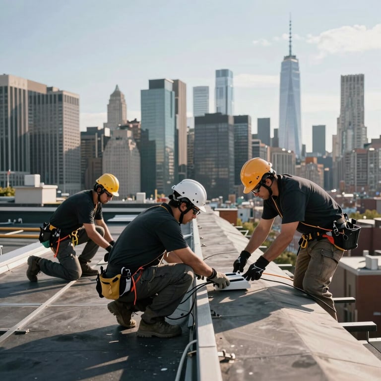 A team of roofing professionals working on a high-rise rooftop with the Manhattan skyline in the background.