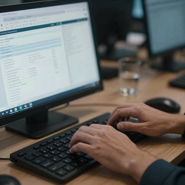 Close-up of a dispatcher's hands typing on a high-tech keyboard with logistics software on screen, #2D4B6C lighting.