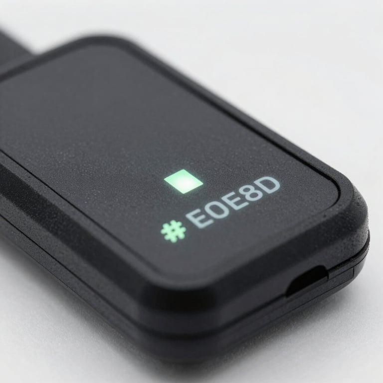 Detailed macro shot of a GPS tracking device with glowing LED indicators in #E0E8ED.