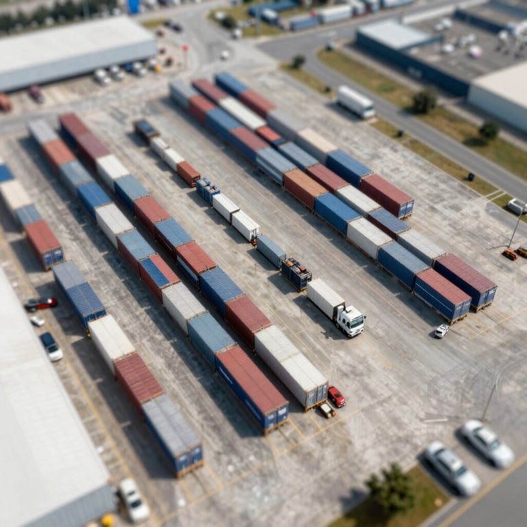 An aerial drone shot of a cargo hub with organized logistics flow, showcasing efficiency.