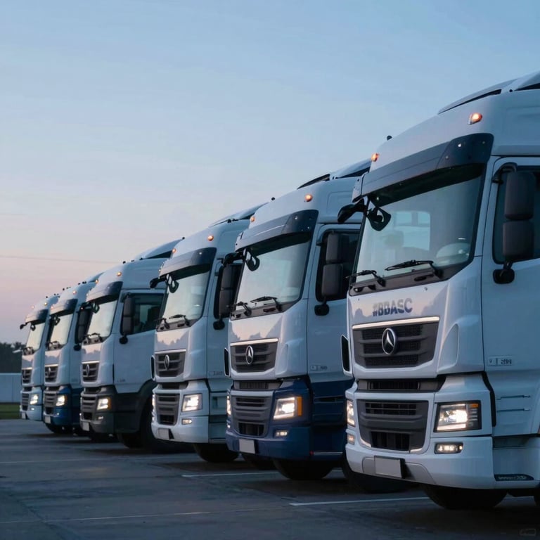 A fleet of modern logistics trucks lined up at dawn, cool #8DAEC2 lighting, professional and reliable vibe.