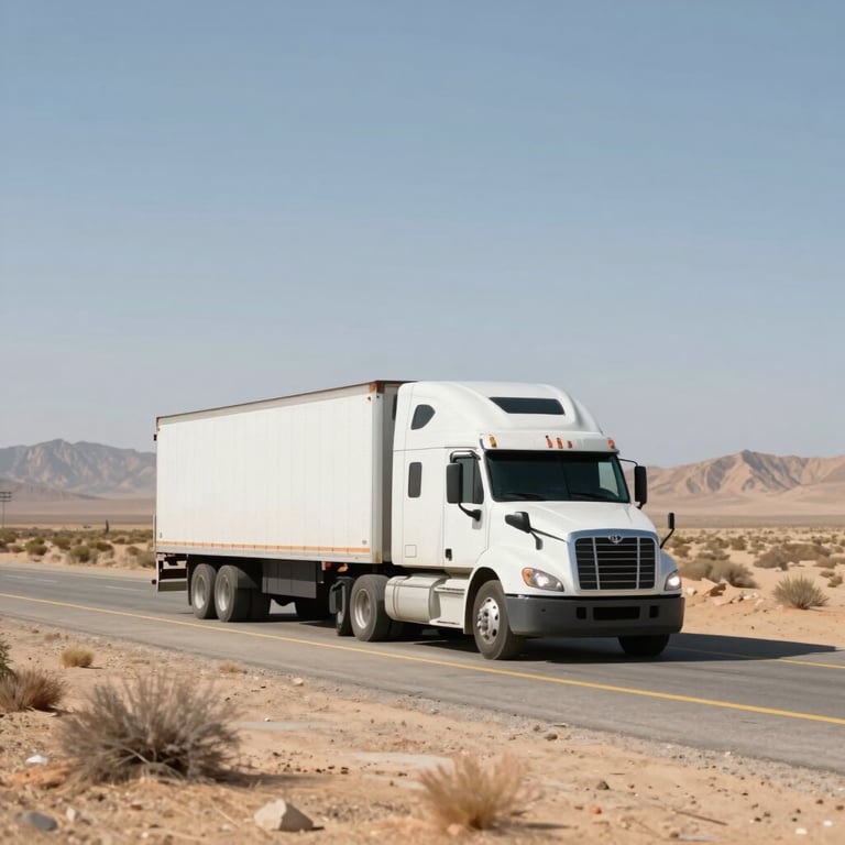 A semi-truck driving on an open highway across a desert landscape, representing global reach and USA coverage.