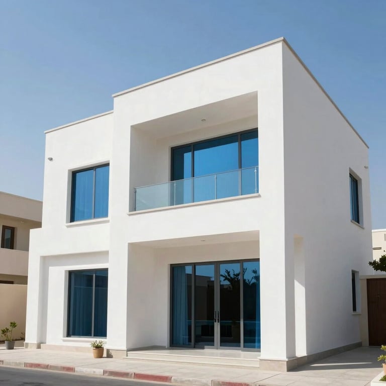 Exterior of a modern luxury villa in Ajman with clean white walls and blue glass windows under a bright sun.