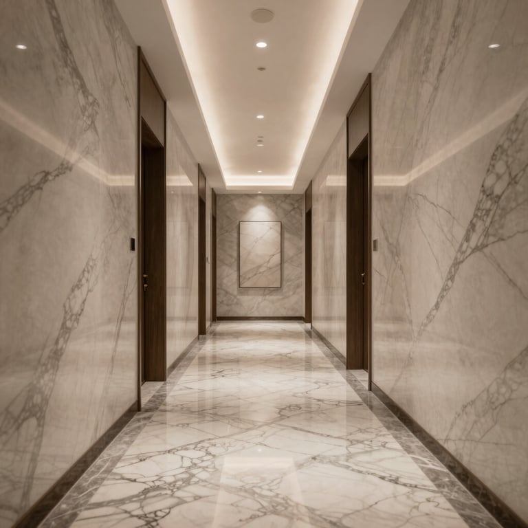 Luxury residential hallway featuring intricate marble patterns and soft ambient lighting in a Middle Eastern style.