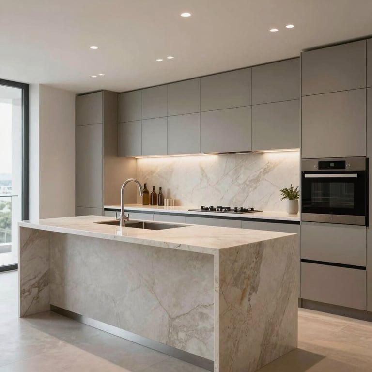 A high-end kitchen in a modern UAE penthouse showcasing premium stone countertops and minimalist cabinetry.