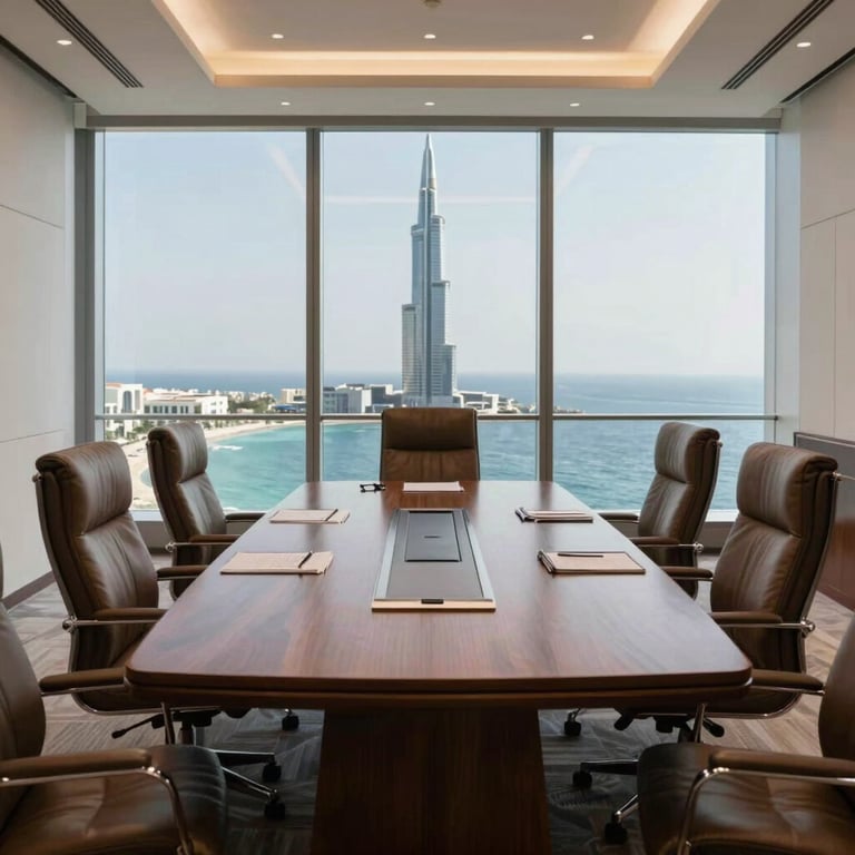 A sophisticated boardroom in a Gulf skyscraper featuring a large oak table and leather chairs with a view of the sea.