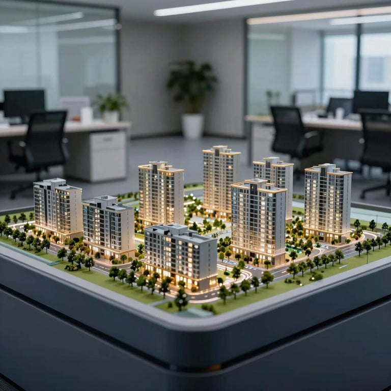 Close-up of a glass model of a master-planned community displayed in a dark blue and grey professional office.