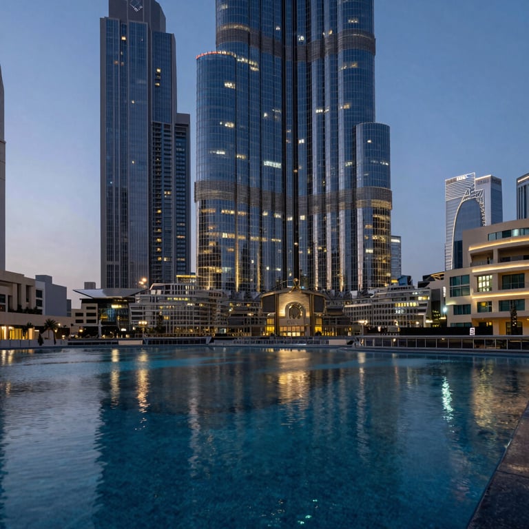 Dusk shot of a sleek office building in the UAE with architectural lighting reflecting off a dark blue water feature.