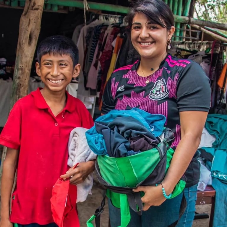 a woman and a boy are standing in front of a store