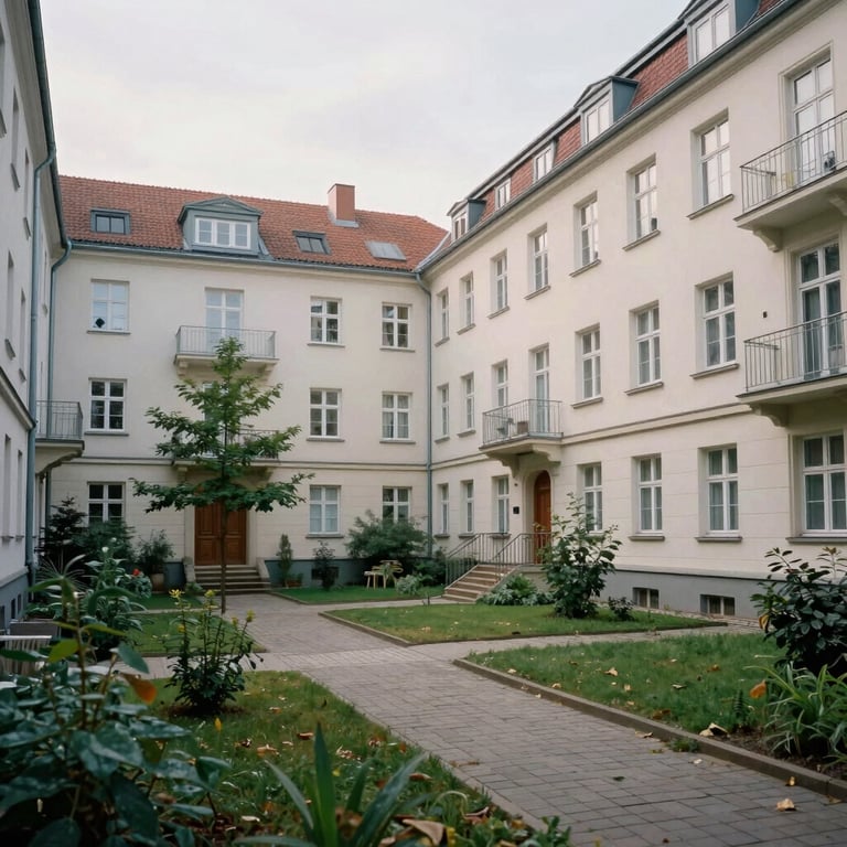 A wide-angle shot of a classic Berlin residential courtyard, meticulously maintained, showing clean aesthetics and greenery.