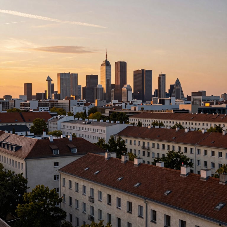 A sunset view of the Berlin skyline including a focus on well-preserved rooftops of residential buildings managed by the firm.