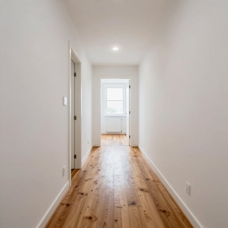 An interior view of a bright, refurbished apartment hallway with mist white walls and high-quality wooden flooring.
