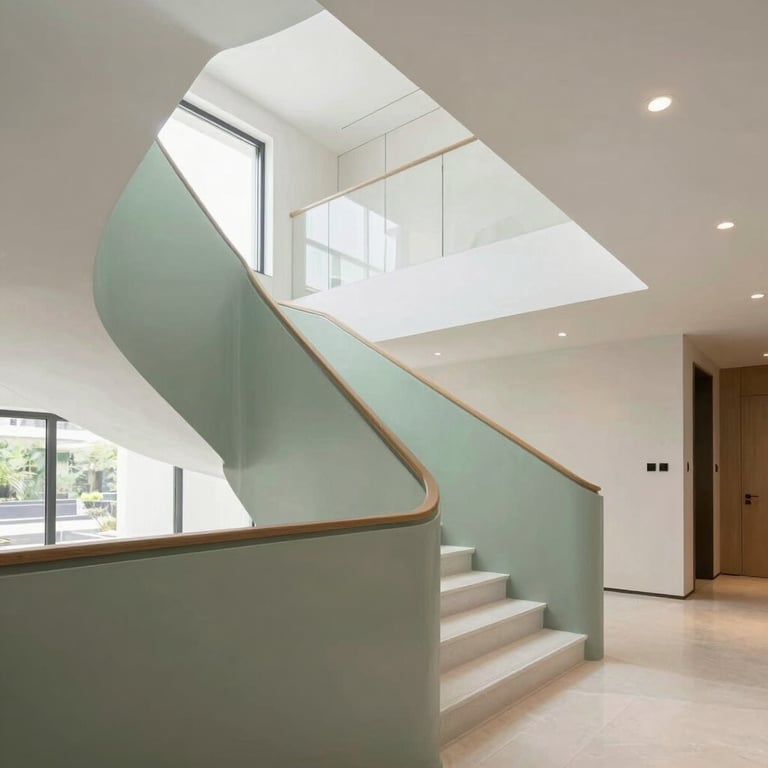 A bright and airy stairwell of a modern real estate development featuring muted sage accents and clean lines.