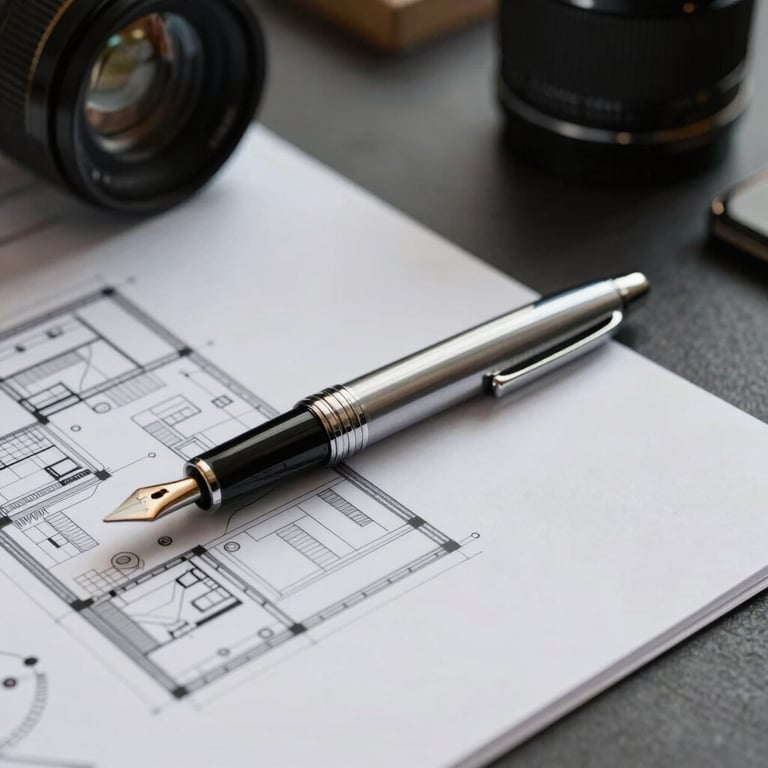 A detail shot of architectural plans and a high-end fountain pen on a deep charcoal desk surface.