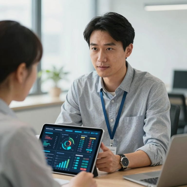Professional portrait of a lead consultant examining a data dashboard on a tablet in a bright, modern office setting.