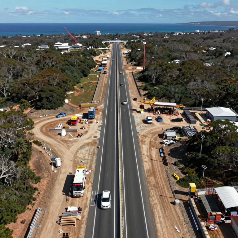 Professional aerial view of a highway development project in a coastal Australian / International region, sharp focus on civil engineering details.