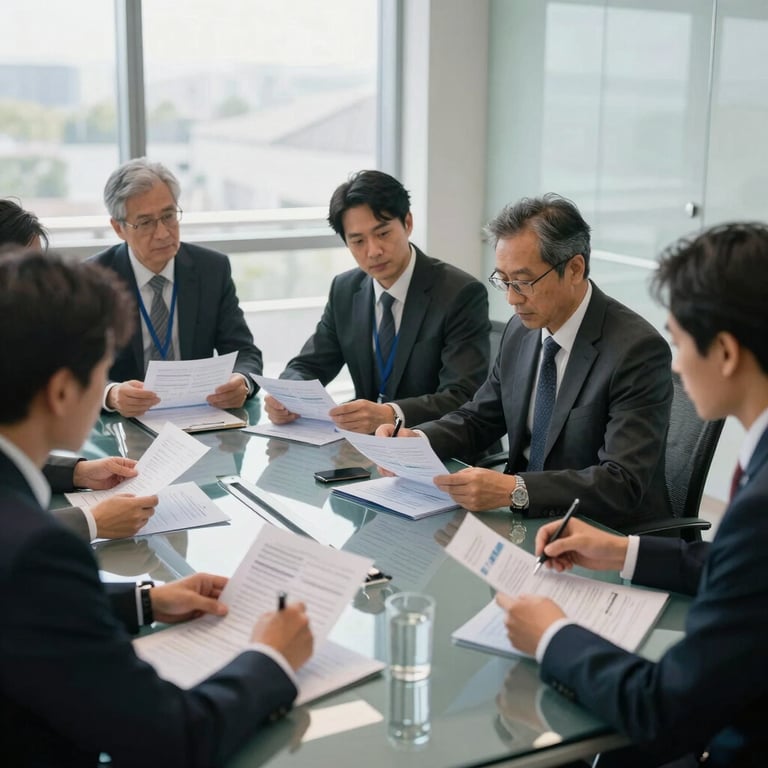 A sophisticated glass conference room where diverse experts in formal attire review project reports, bright natural light.