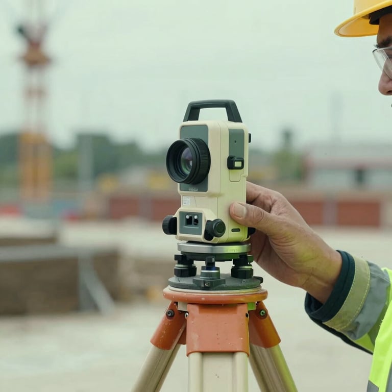 Close-up of a surveyor using high-precision digital tools on an infrastructure site, corporate aesthetic with a soft green color palette.