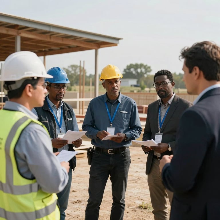 Engineers and community leaders engaged in a collaborative session near a newly constructed community facility, professional atmosphere.