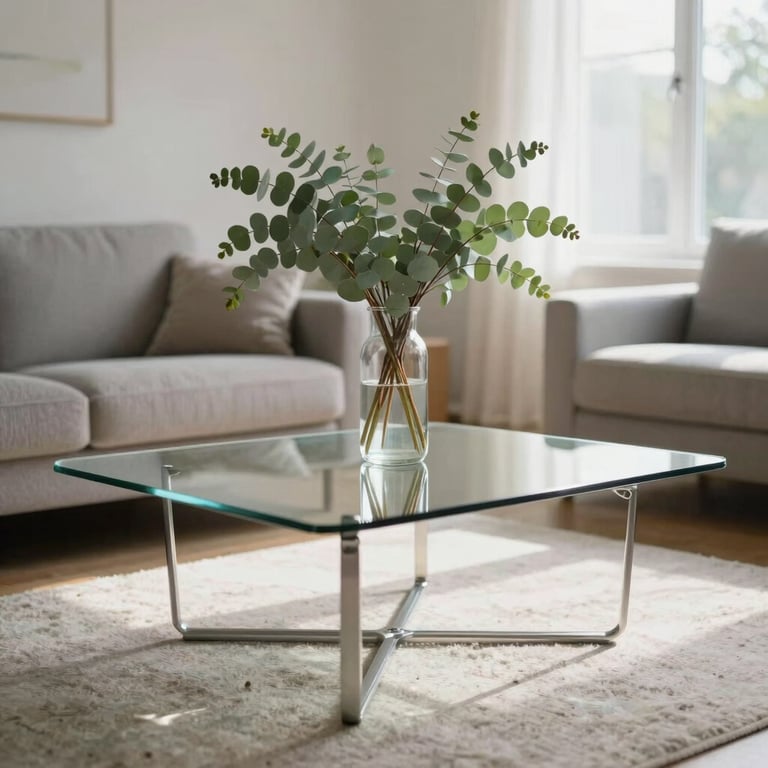 A spotless, gleaming glass coffee table in an airy, minimalist North American living room, with a vase of fresh eucalyptus catching the gentle morning breeze.