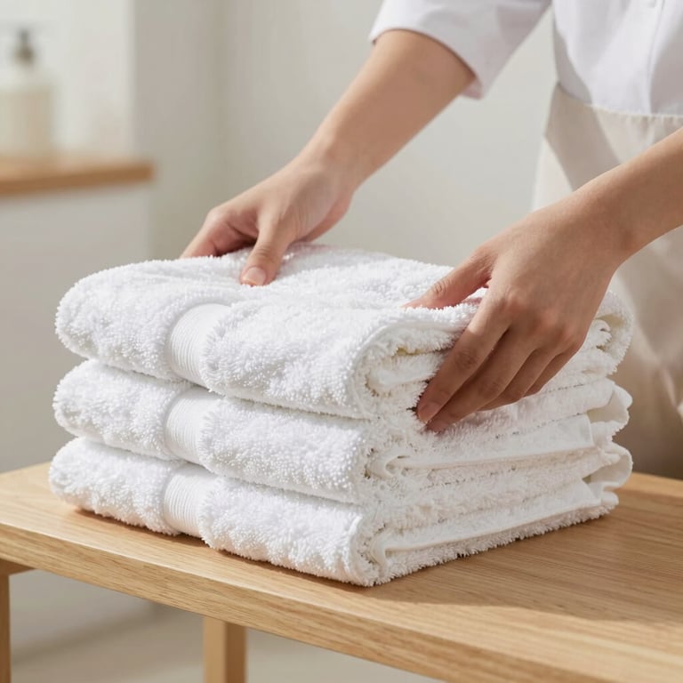 Hands in tidy cleaning attire carefully placing a stack of freshly laundered, fluffy white cotton towels on a clean wooden shelf, bright and fresh ambiance.